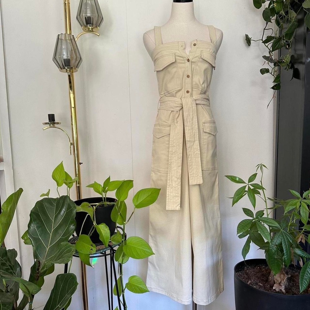 ASOS Design Women Cream Wide Leg Overalls Button Up Utility Tie Waist Size 2 XS